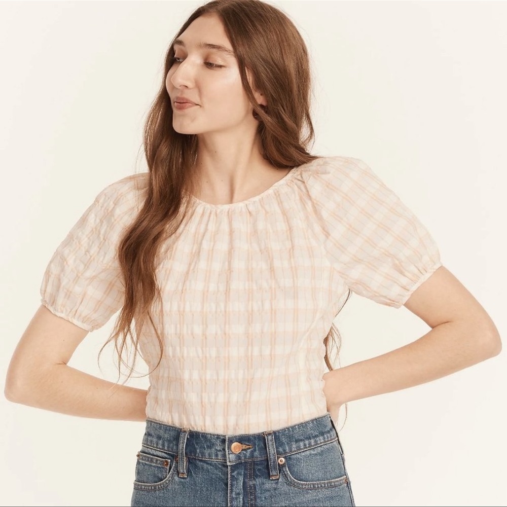 J. Crew V-back Puff-sleeve Top in Textured Plaid Size 2 NWT